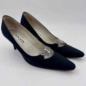 Vintage Pancaldi Womens 9AA Black‎ Silk Butterfly Rhinestone Pointed Toe Pumps